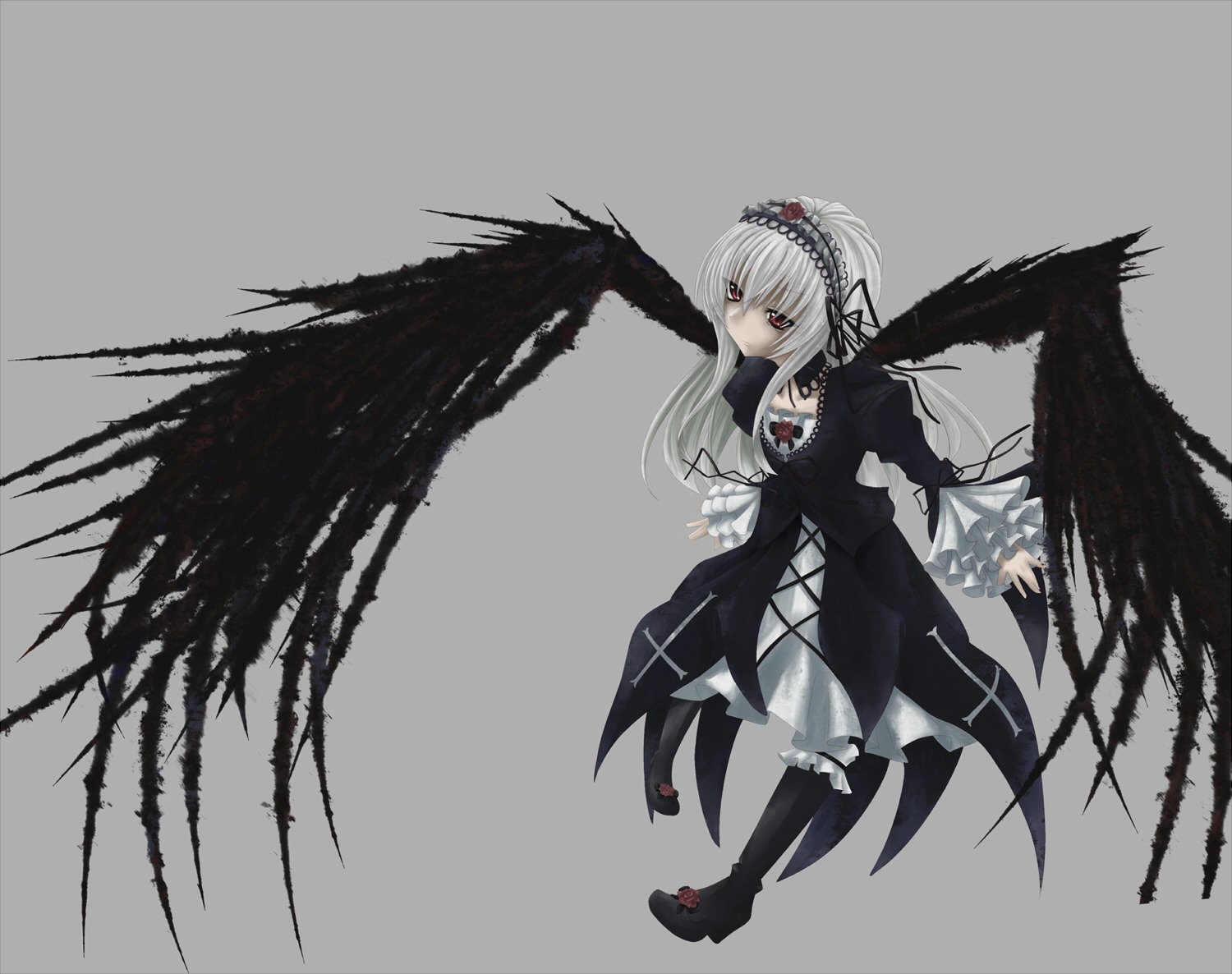 1girl black_wings boots cross dress flower frills full_body grey_background hairband image long_hair long_sleeves red_eyes ribbon rose simple_background solo suigintou wings
