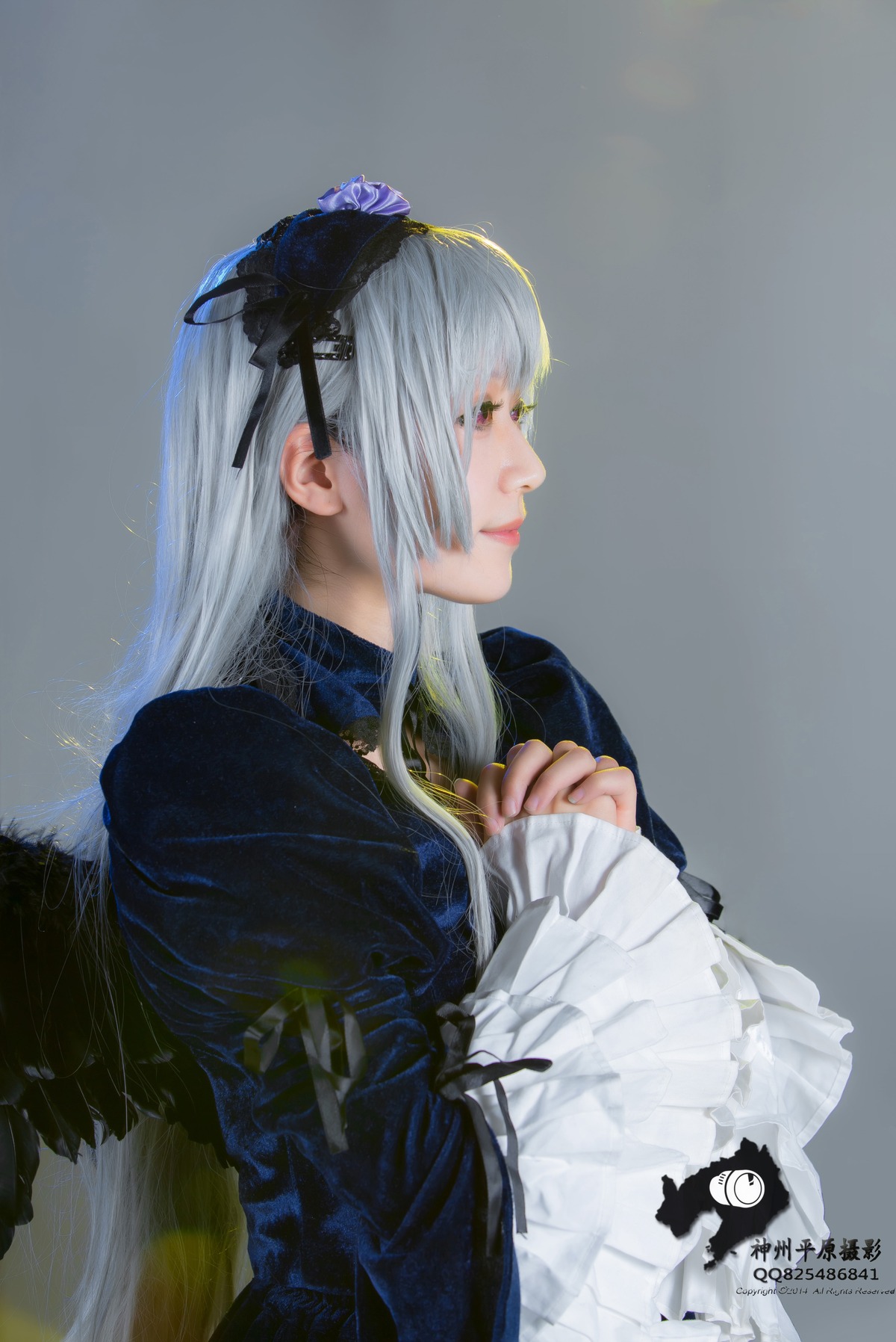 1girl bangs closed_mouth dress flower from_side hair_flower hair_ornament hairband lips long_hair long_sleeves nail_polish profile ribbon silver_hair solo suigintou upper_body