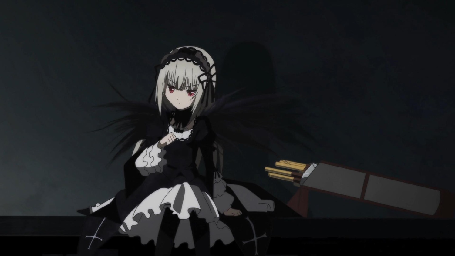 1girl bangs black_background black_dress closed_mouth dress frills hairband image long_sleeves looking_at_viewer red_eyes ribbon rose sitting solo suigintou