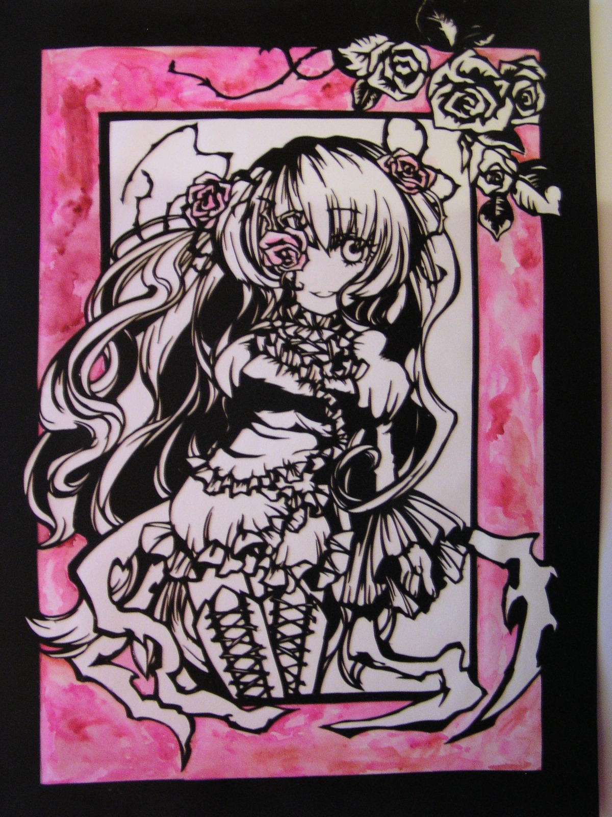 1girl dress flower frills hair_flower hair_ornament image kirakishou long_hair monochrome rose smile solo traditional_media very_long_hair vines