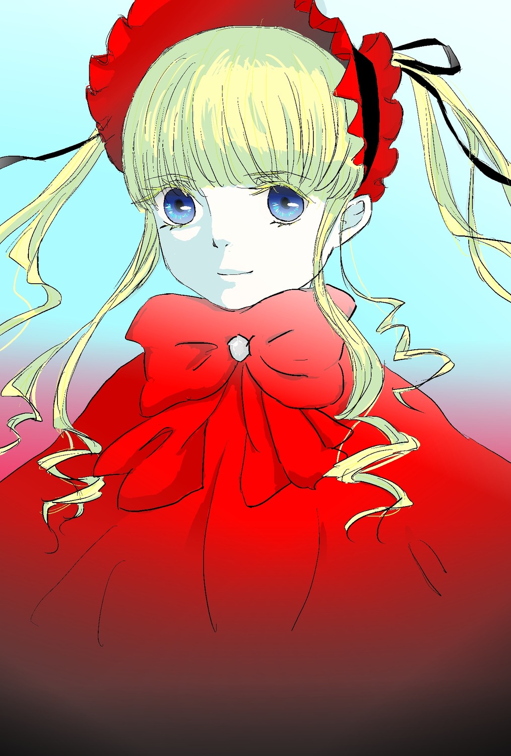 1girl bangs blonde_hair blue_eyes bonnet bow bowtie closed_mouth dress flower image long_hair looking_at_viewer shinku smile solo upper_body