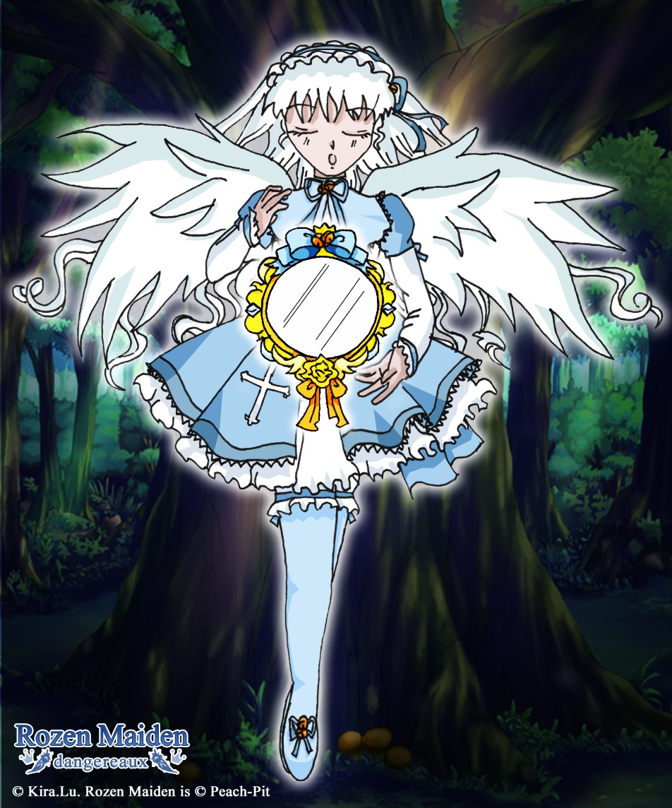 1girl bush dress forest frills halo image long_hair long_sleeves nature night outdoors solo suigintou tree white_hair white_wings wings