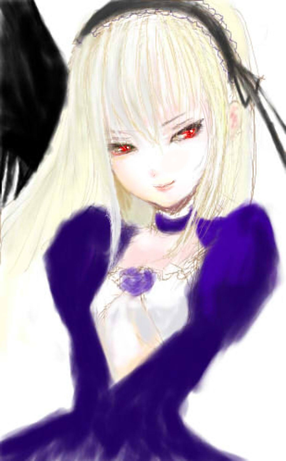 1girl blonde_hair blurry choker depth_of_field dress frills hairband image juliet_sleeves long_sleeves looking_at_viewer puffy_sleeves purple_dress red_eyes short_hair solo suigintou