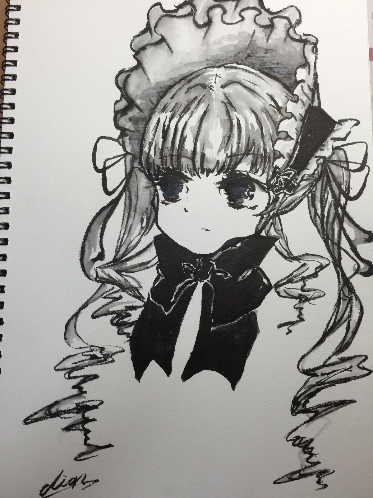 1girl artist_name bangs blush bonnet bow closed_mouth dated drill_hair eyebrows_visible_through_hair frills graphite_(medium) greyscale image lolita_fashion long_hair looking_at_viewer marker_(medium) monochrome photo ribbon shikishi shinku signature simple_background solo traditional_media