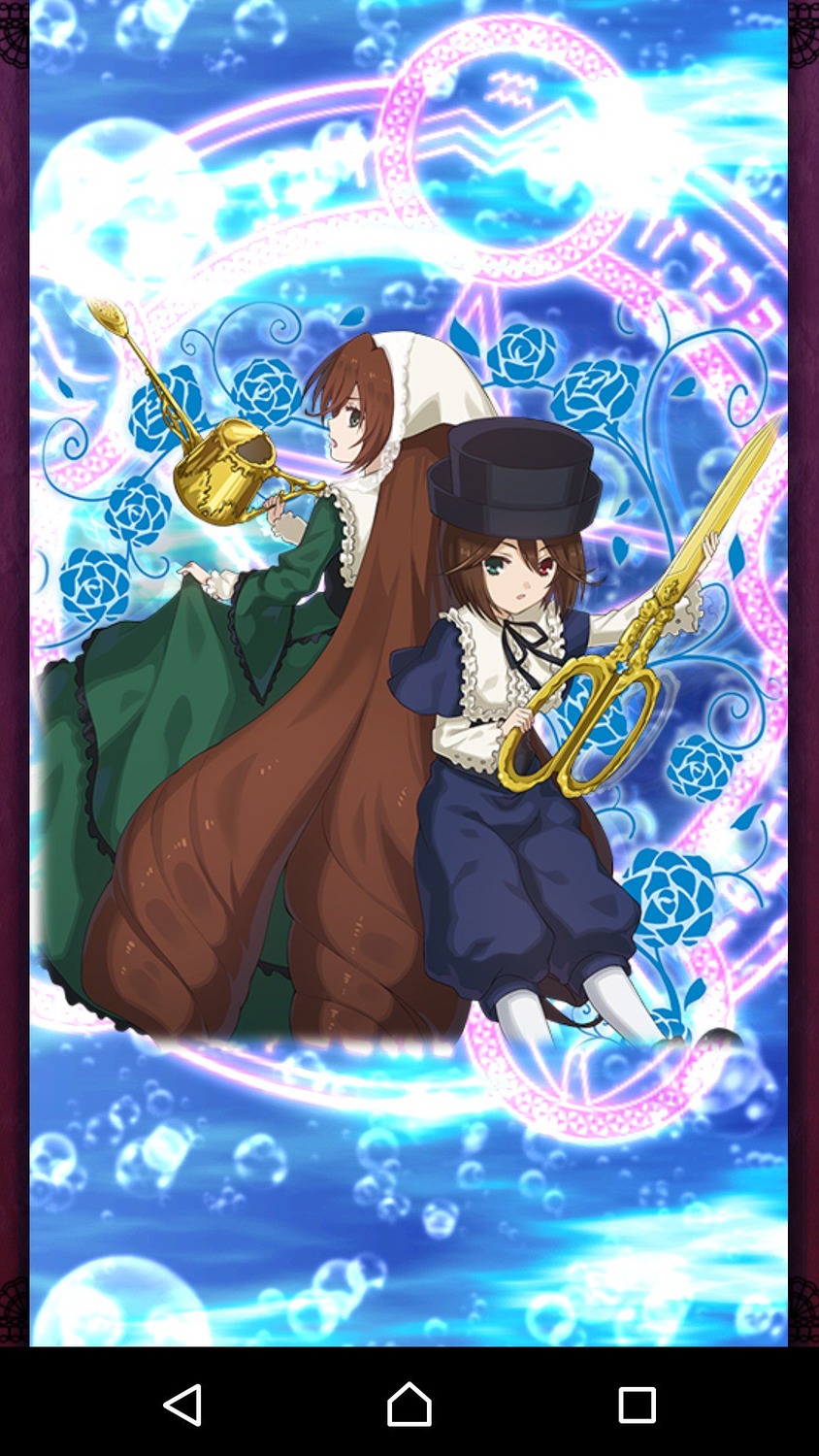 1boy blue_dress brown_hair dress frills green_dress green_eyes hat image magic_circle pair pants short_hair siblings souseiseki staff suiseiseki