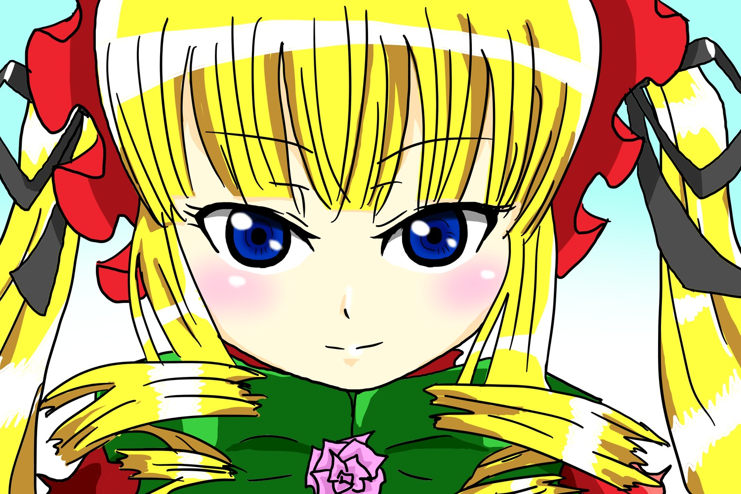 1girl blonde_hair blue_eyes blush bow close-up drill_hair face image long_hair looking_at_viewer parody shinku sidelocks simple_background smile solo twintails