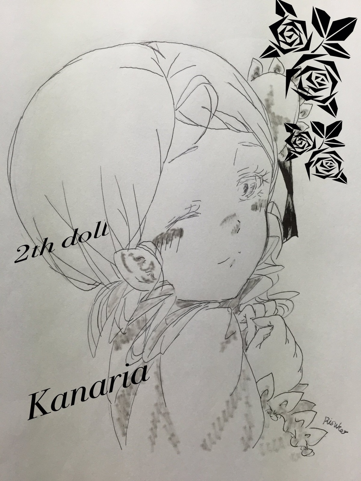 1girl flower graphite_(medium) image kanaria looking_at_viewer monochrome rose smile solo traditional_media