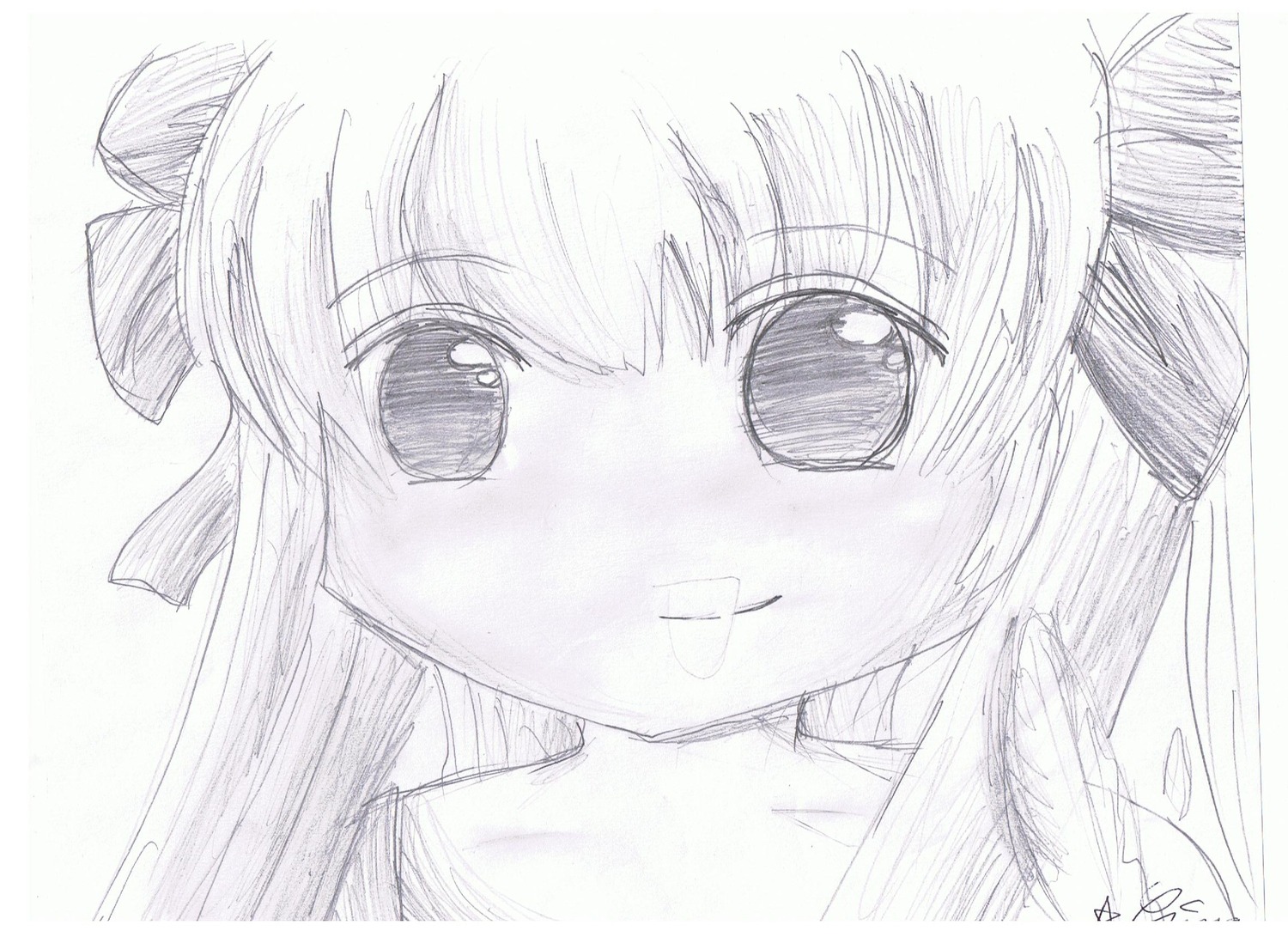 1girl bangs closed_mouth eyebrows_visible_through_hair graphite_(medium) hair_between_eyes image long_hair looking_at_viewer monochrome shinku signature simple_background sketch smile solo traditional_media white_background