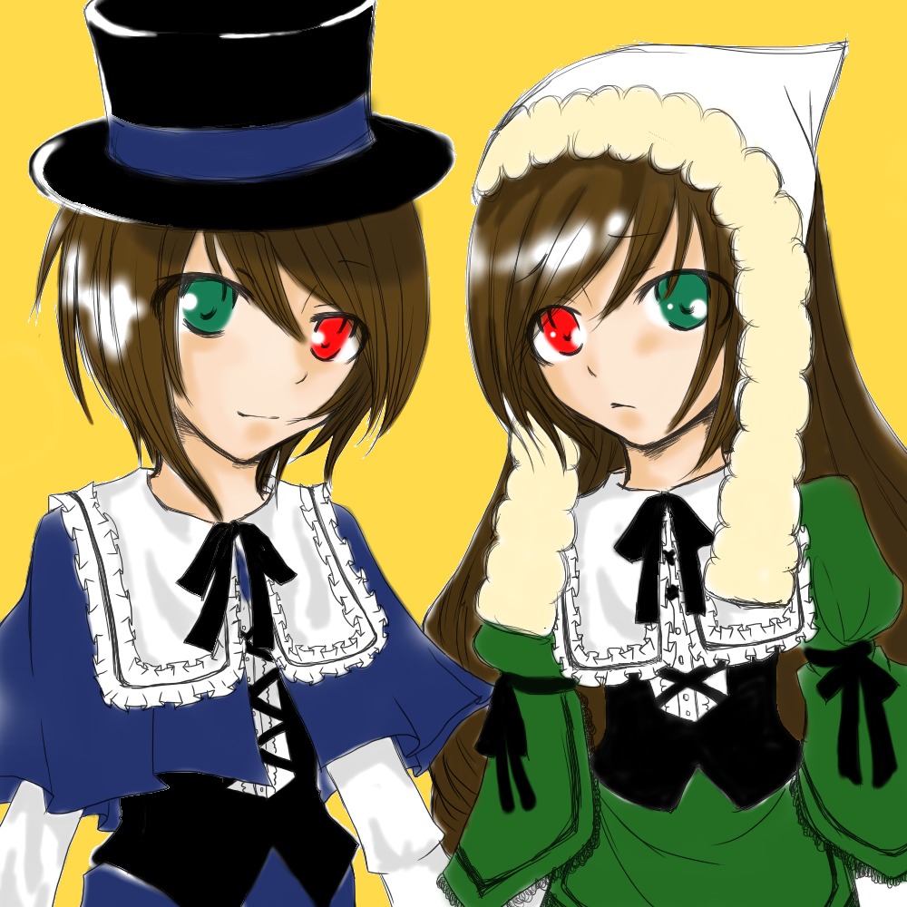 2girls blue_dress brown_hair dress frills green_dress green_eyes hat head_scarf heterochromia image long_hair long_sleeves looking_at_viewer multiple_girls pair red_eyes short_hair siblings simple_background sisters smile souseiseki suiseiseki top_hat twins yellow_background