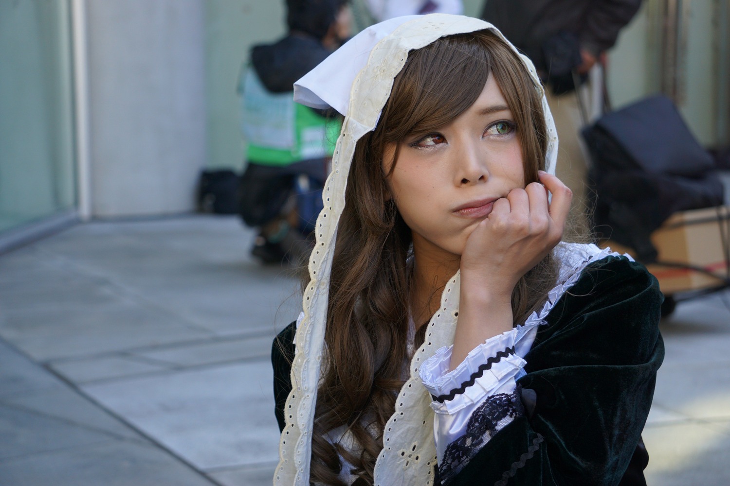 blurry blurry_background blurry_foreground brown_eyes brown_hair depth_of_field dress indoors lace lips long_hair long_sleeves looking_at_viewer multiple_girls solo solo_focus suiseiseki