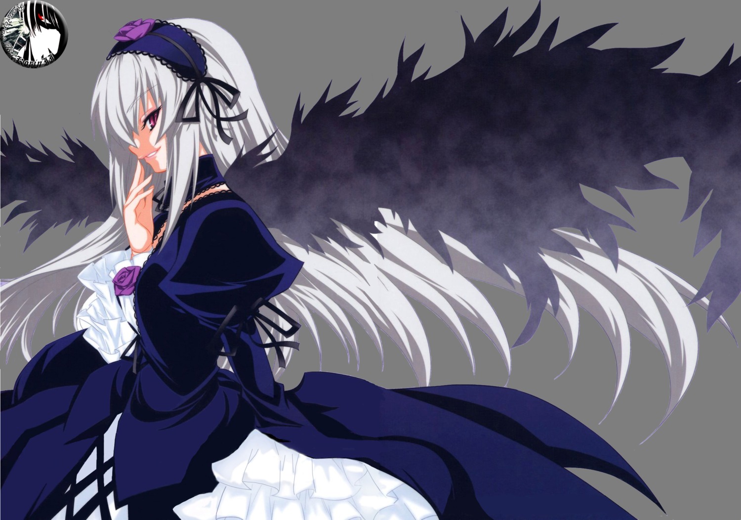 1girl black_wings dress flower frills hairband image juliet_sleeves long_hair long_sleeves looking_at_viewer pink_eyes puffy_sleeves red_eyes rose silver_hair solo suigintou very_long_hair white_background wings