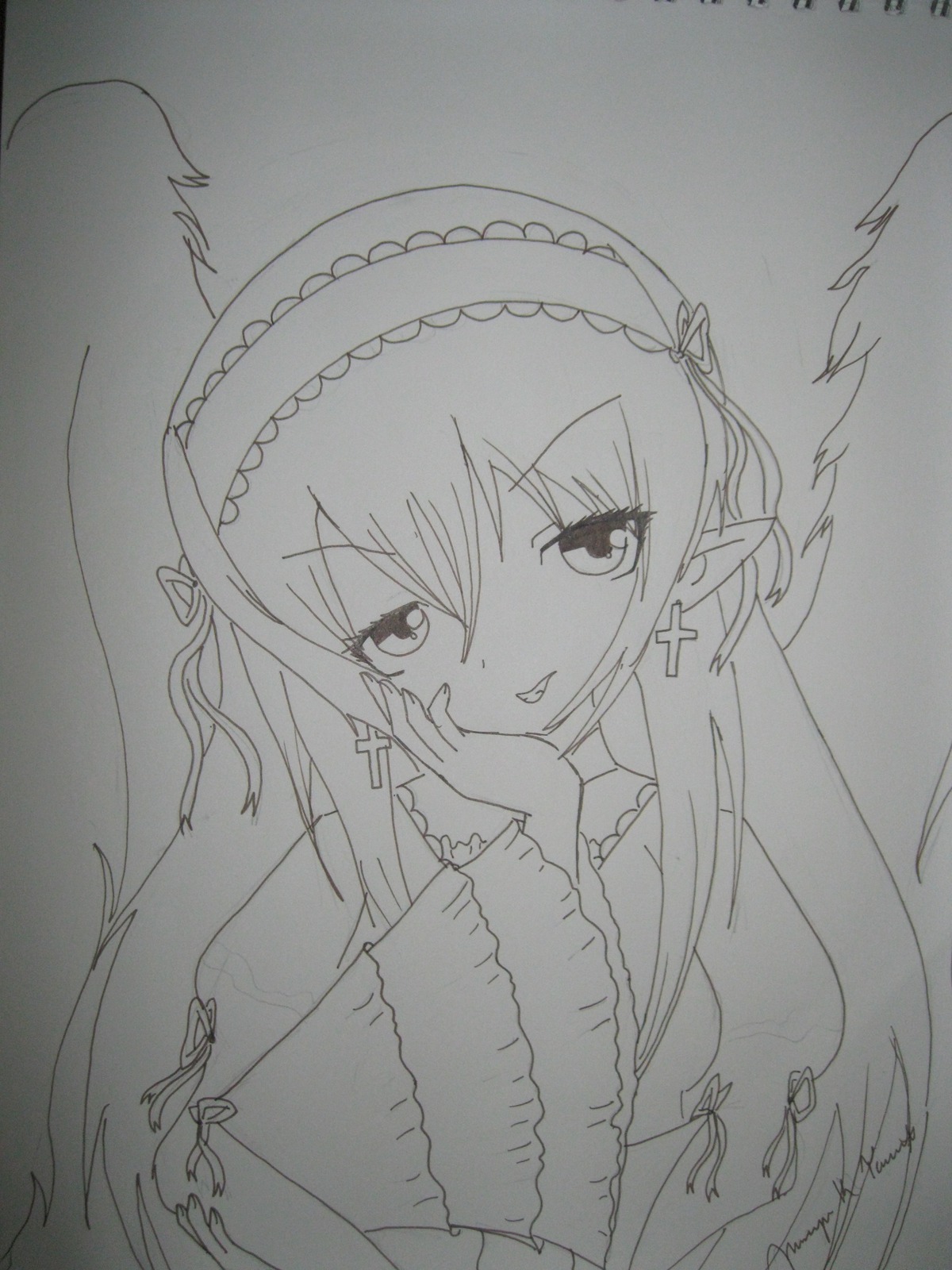 1girl cross dated earrings graphite_(medium) greyscale hairband image jewelry lineart long_hair looking_at_viewer monochrome photo pointy_ears signature smile solo suigintou traditional_media upper_body