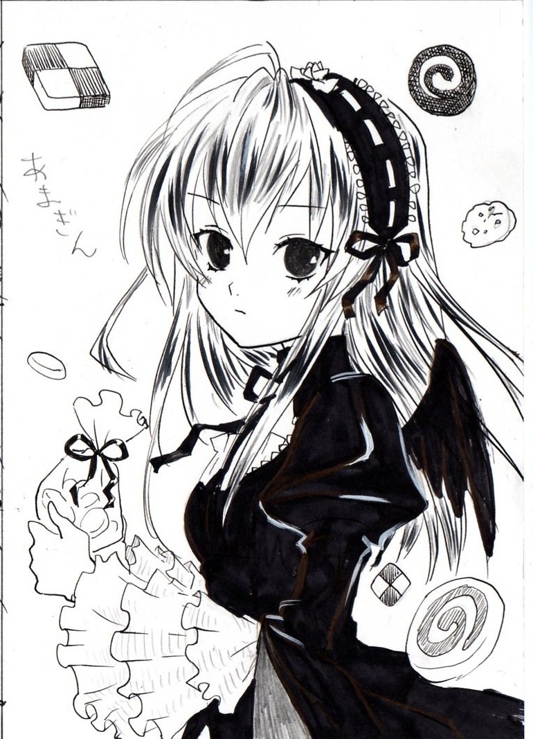 1girl black_wings blush dress frills greyscale hairband image lolita_hairband long_hair long_sleeves looking_at_viewer monochrome ribbon shikishi simple_background solo suigintou traditional_media upper_body white_background wings