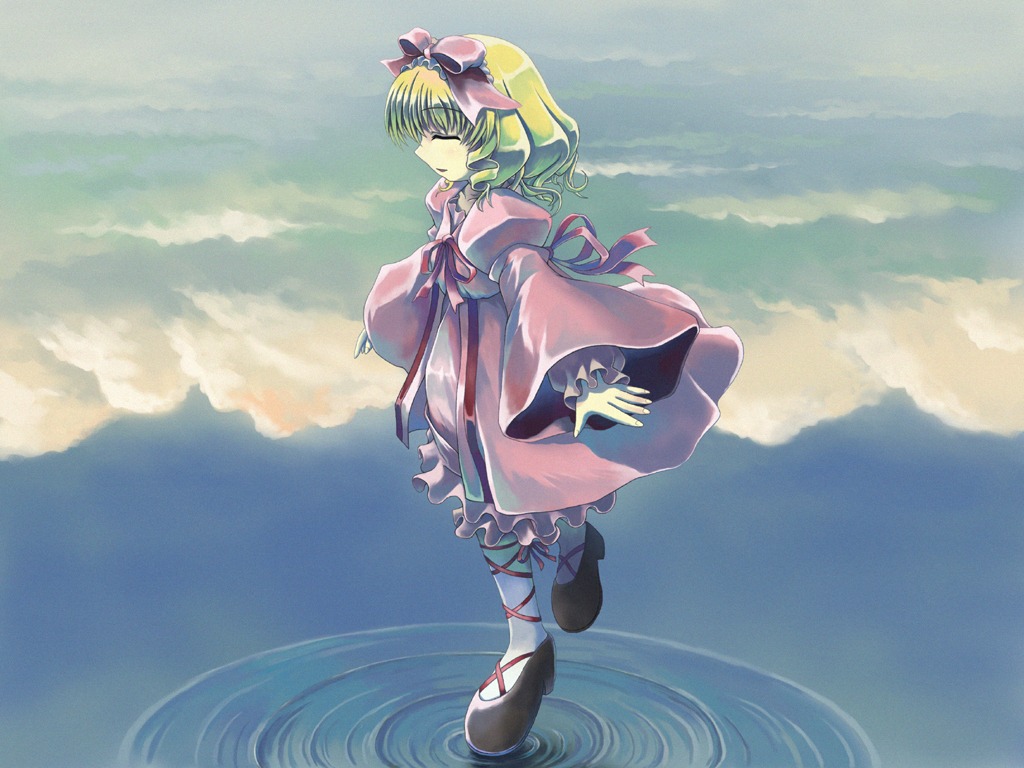 1girl black_footwear blonde_hair bow closed_eyes cloud commentary_request day dress drill_hair green_hair hair_bow hina_ichigo hinaichigo image long_sleeves pink_bow pink_dress ranranloo ribbon ripples rozen_maiden shoes short_hair sky solo standing standing_on_liquid standing_on_one_leg tiptoes water