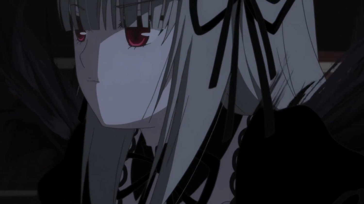 1girl blunt_bangs hair_ribbon image monochrome red_eyes ribbon solo suigintou