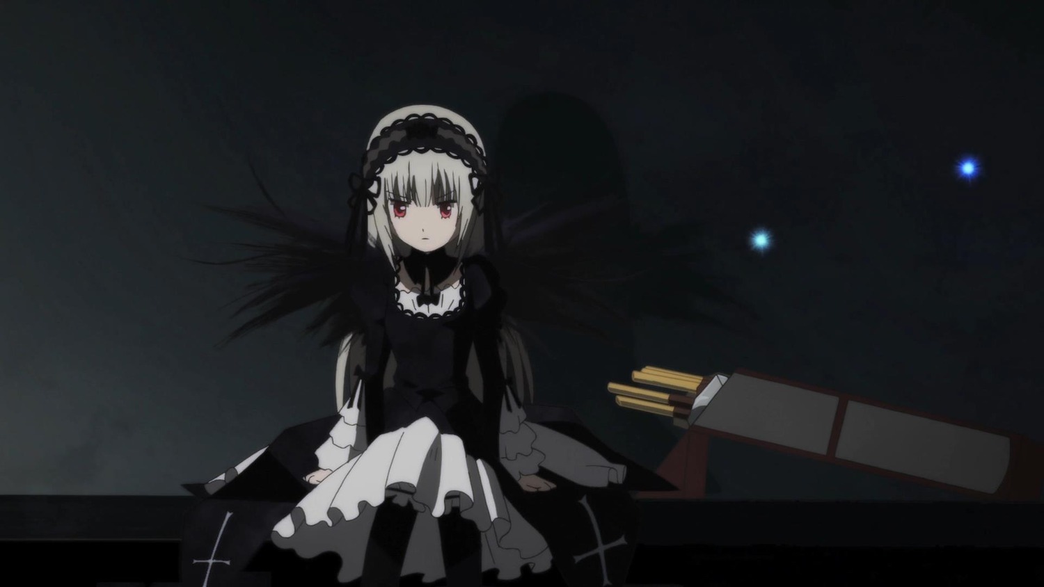 1girl bangs black_dress candle closed_mouth dress flower frills hairband image long_hair long_sleeves looking_at_viewer red_eyes ribbon rose silver_hair sitting solo suigintou wings