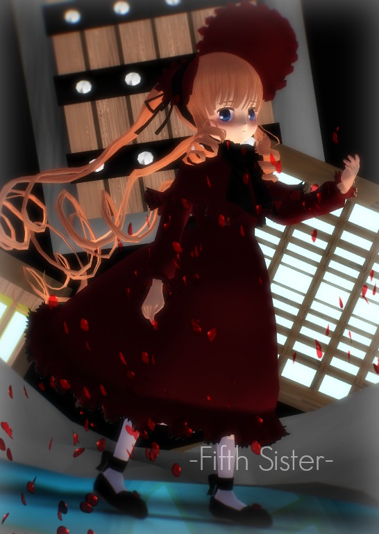 1girl black_dress black_footwear blonde_hair blue_eyes dress drill_hair flower image long_hair long_sleeves petals rose rose_petals shinku solo standing twin_drills twintails very_long_hair