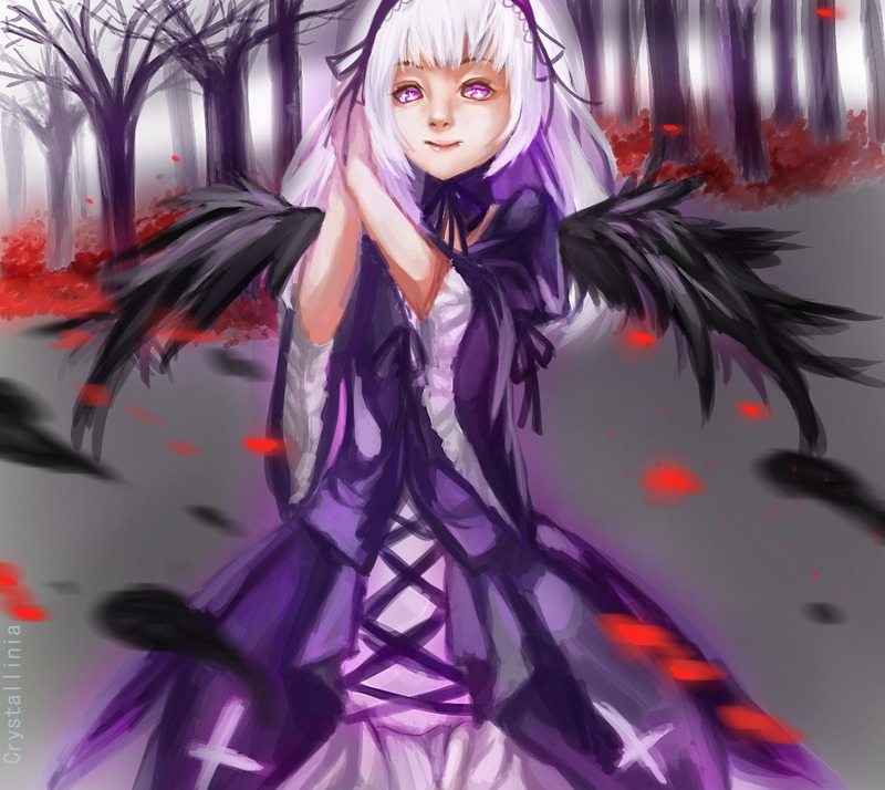 1girl black_wings dress feathered_wings feathers flower frills hairband image long_hair long_sleeves looking_at_viewer purple_eyes ribbon silver_hair solo suigintou wings