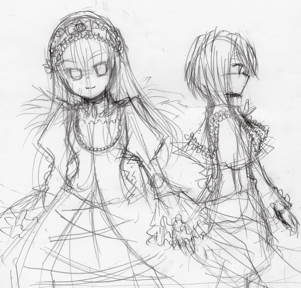 2girls dress frills greyscale image long_hair long_sleeves looking_at_viewer monochrome multiple_girls pair simple_background sketch souseiseki standing suigintou