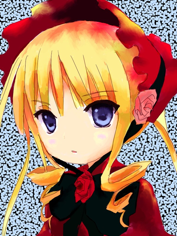 1girl blonde_hair blue_eyes bonnet bow bowtie dress flower frills hat image long_hair looking_at_viewer red_flower red_rose rose shinku sidelocks solo