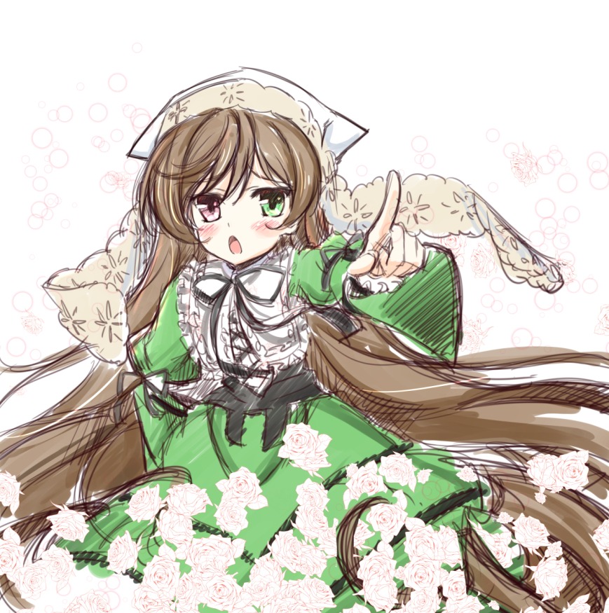 1girl :o brown_hair dress flower frills green_dress green_eyes hat head_scarf heterochromia image lolita_fashion long_hair long_sleeves looking_at_viewer open_mouth outstretched_arm red_eyes rose solo suiseiseki very_long_hair watering_can white_flower white_rose