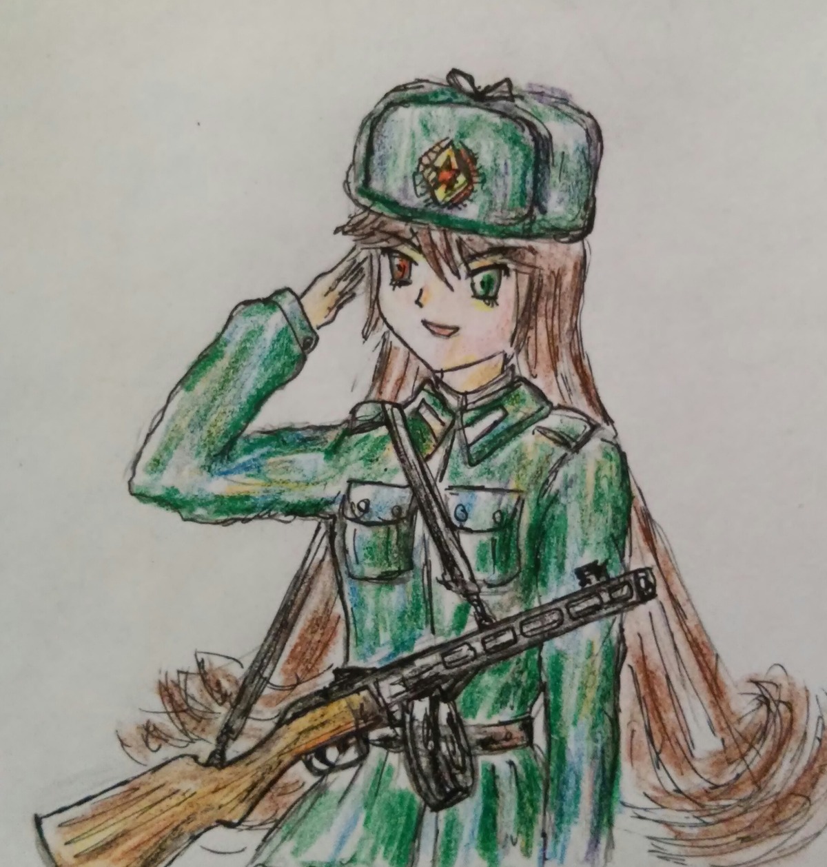 1girl belt brown_hair green_eyes gun hat heterochromia image long_hair military military_uniform red_eyes rifle solo suiseiseki traditional_media uniform weapon