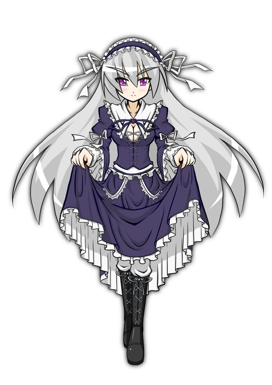 1girl blush boots dress frills full_body gothic_lolita hairband image juliet_sleeves lolita_fashion lolita_hairband long_hair long_sleeves looking_at_viewer purple_eyes ribbon silver_hair smile solo suigintou very_long_hair white_background
