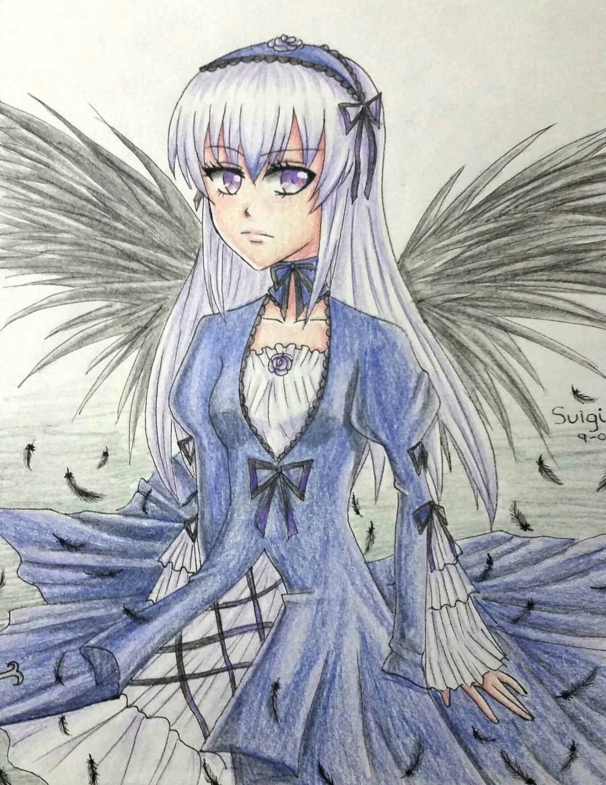 1girl black_wings dress feathered_wings feathers frills hairband image long_hair long_sleeves looking_at_viewer puffy_sleeves purple_eyes silver_hair solo suigintou traditional_media wings