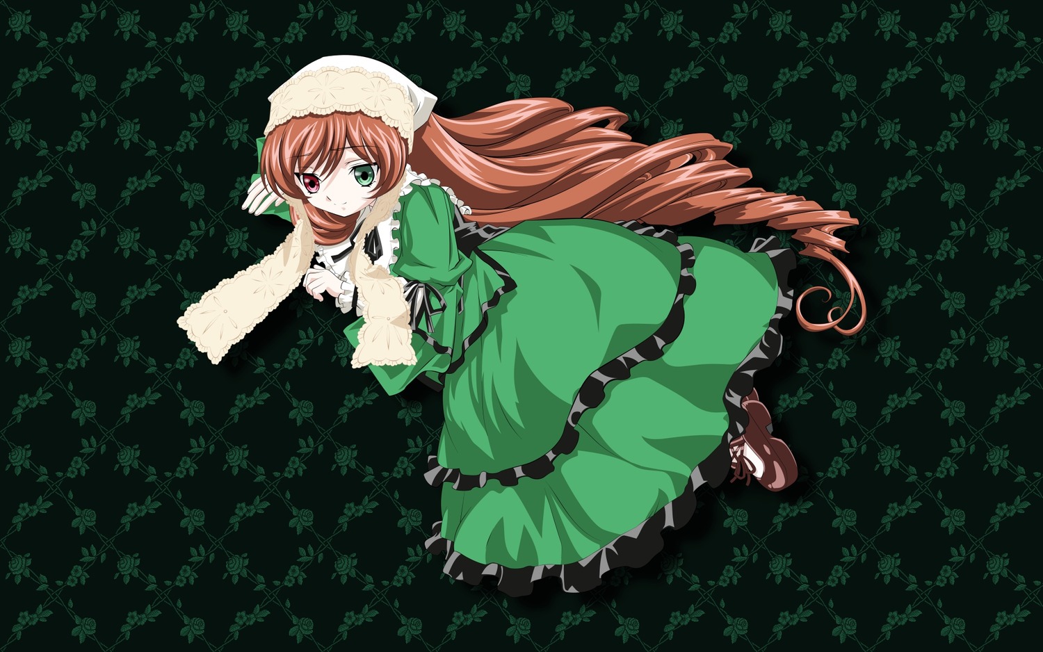 1girl brown_hair dress drill_hair frills full_body green_dress green_eyes hat head_scarf heterochromia image long_hair long_sleeves looking_at_viewer red_eyes solo standing suiseiseki twin_drills very_long_hair