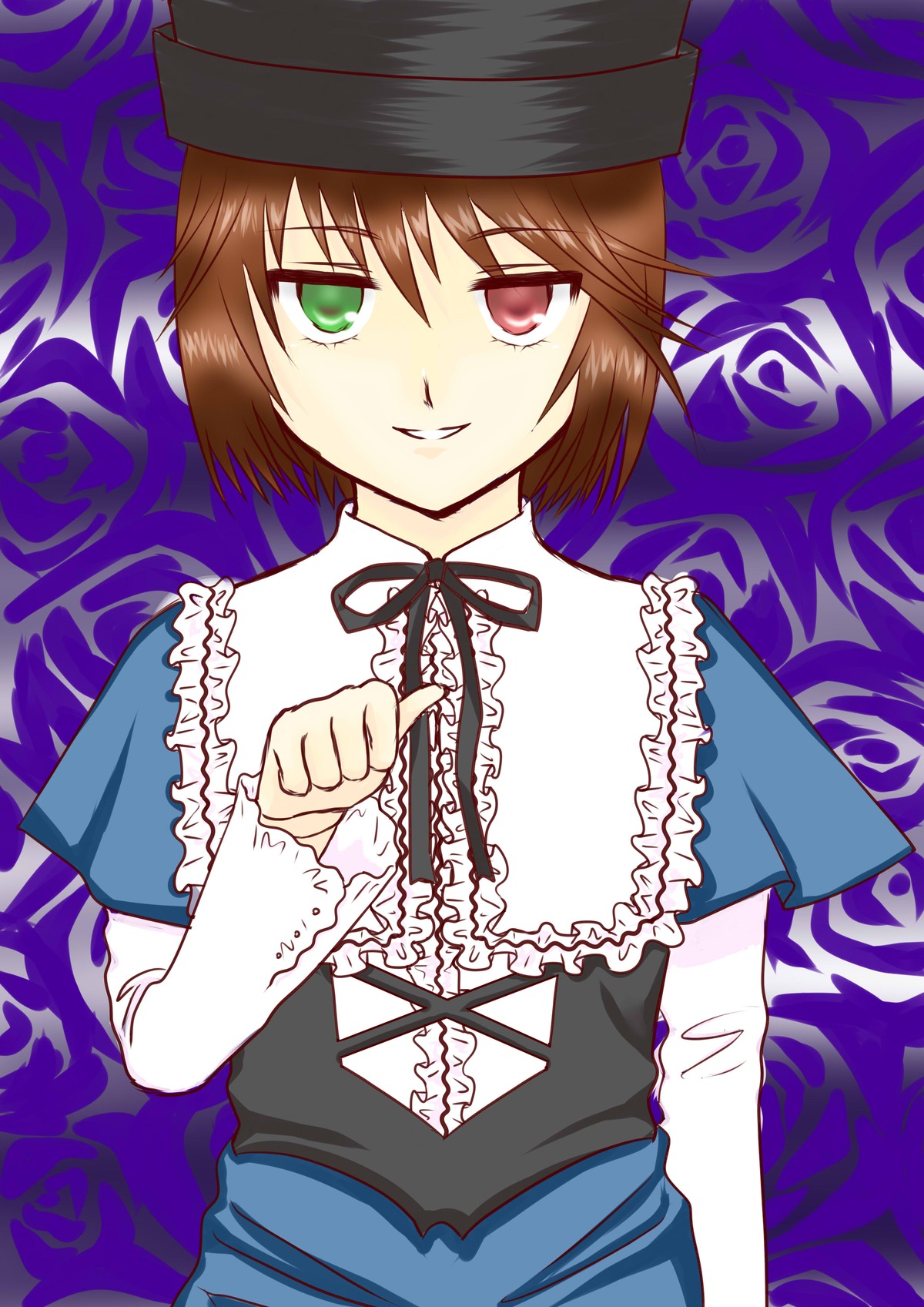 blue_dress brown_hair dress floral_background flower frills green_eyes hat heterochromia image long_sleeves purple_rose red_eyes ribbon rose short_hair smile solo souseiseki suiseiseki