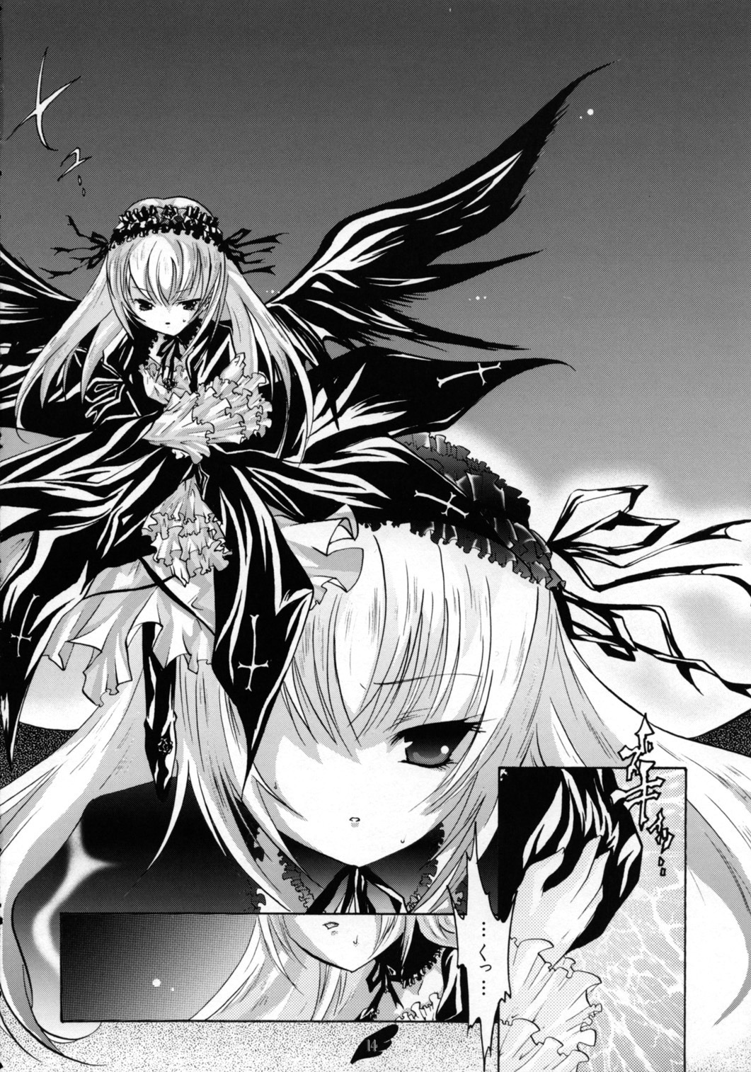 2girls dress floating_hair flower frills greyscale hairband image long_hair long_sleeves looking_at_viewer monochrome multiple_girls ribbon rose solo suigintou wings