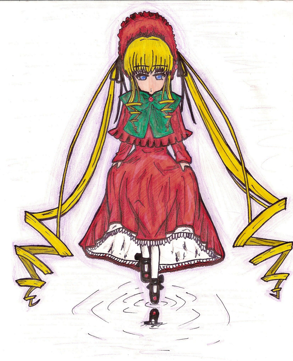 1girl blonde_hair blue_eyes bonnet bow bowtie dress full_body green_bow green_neckwear image long_hair long_sleeves looking_at_viewer red_dress shinku shoes sitting solo standing twintails very_long_hair