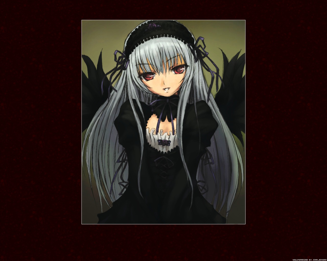 1girl bangs black_dress black_ribbon black_wings detached_collar dress frills hairband image long_hair long_sleeves looking_at_viewer parted_lips red_eyes ribbon silver_hair simple_background solo suigintou upper_body very_long_hair wings