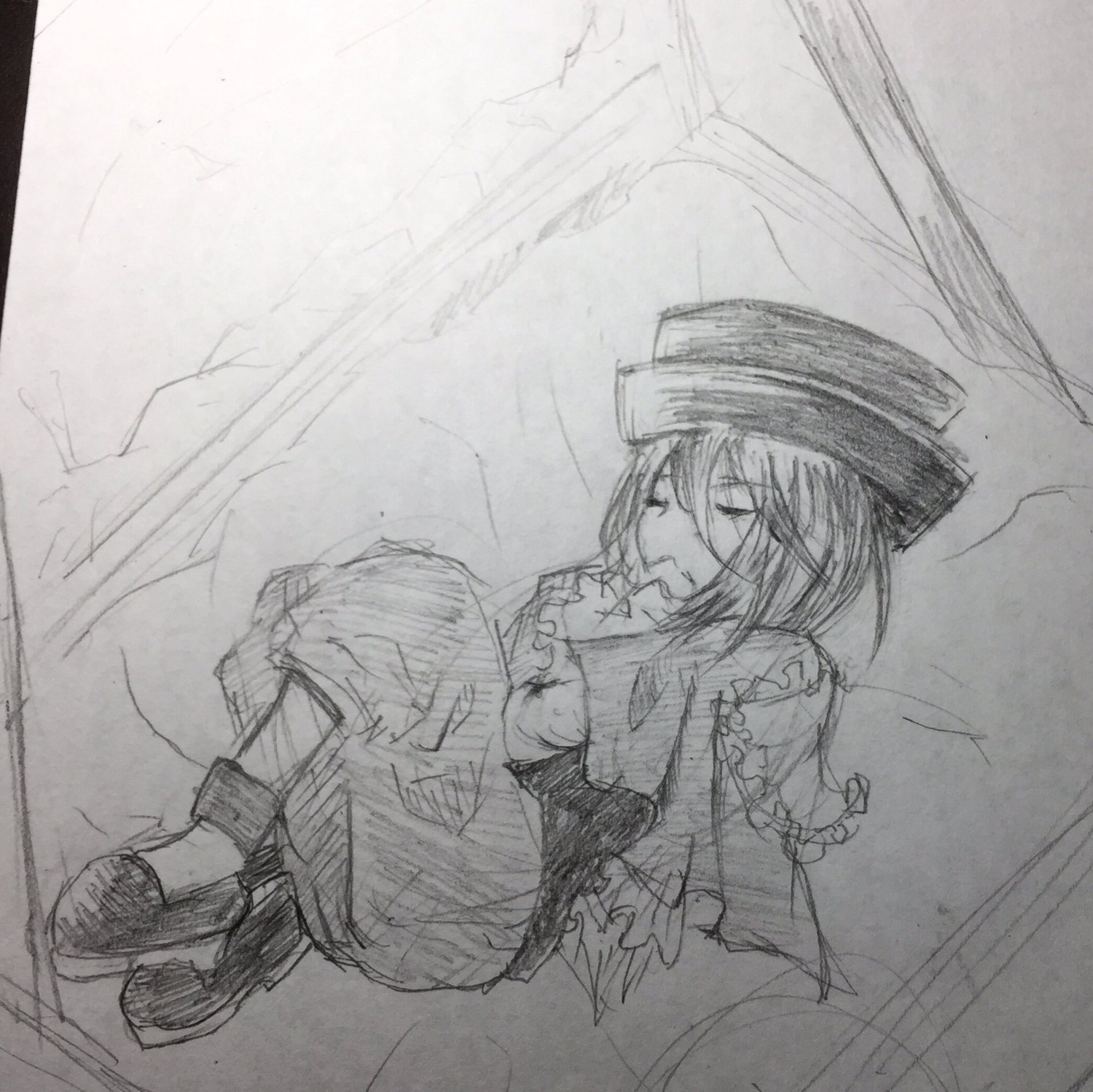 1girl closed_eyes greyscale hat image long_sleeves miyako_yoshika monochrome short_hair sketch skirt solo souseiseki traditional_media