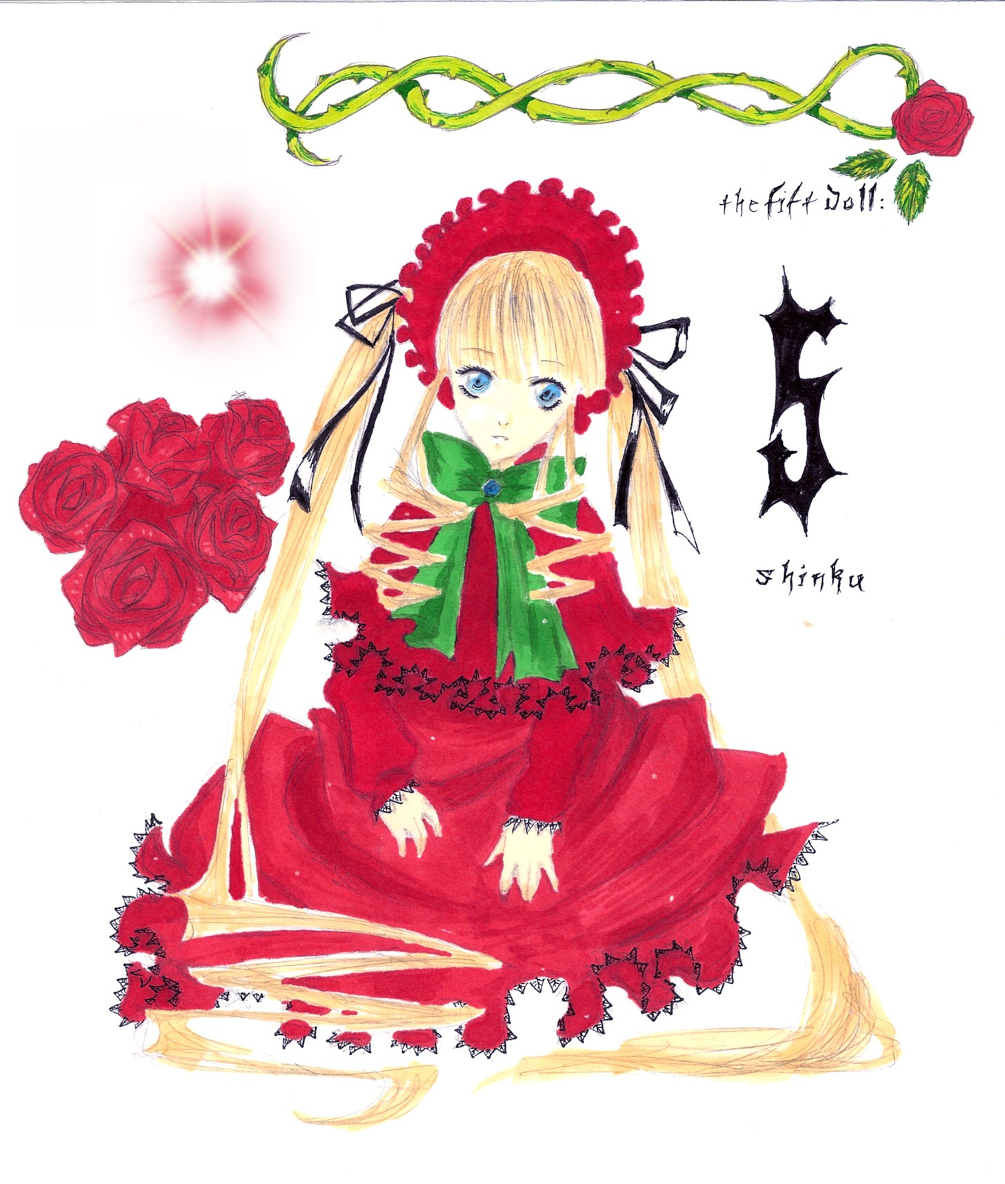 1girl blonde_hair blue_eyes bonnet bow bowtie dress drill_hair flower full_body green_bow green_neckwear image long_hair long_sleeves looking_at_viewer pink_rose red_dress red_flower red_rose rose shinku simple_background sitting solo twintails very_long_hair white_background