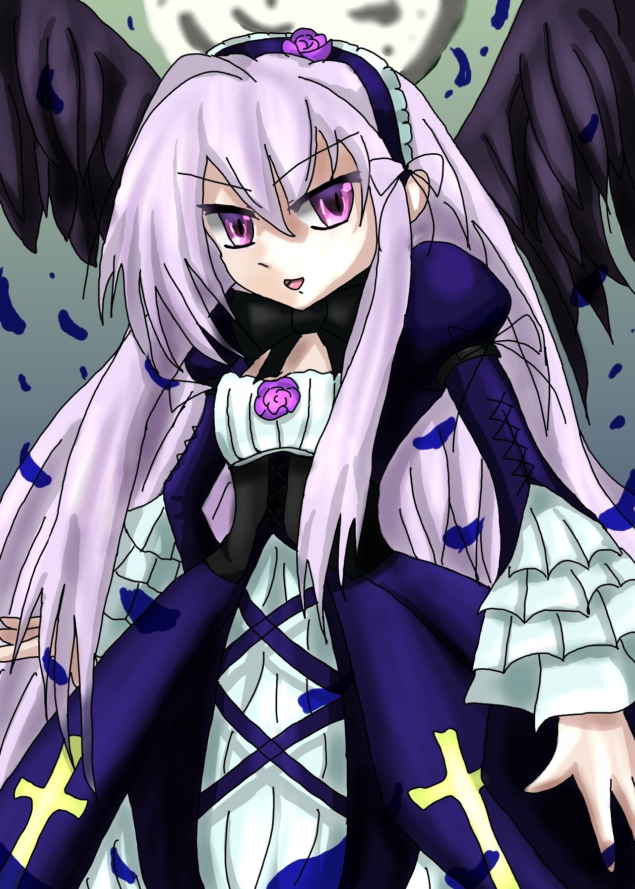 1girl black_wings dress feathered_wings flower frills hairband image long_hair long_sleeves looking_at_viewer pink_eyes purple_eyes rose silver_hair solo suigintou very_long_hair wings