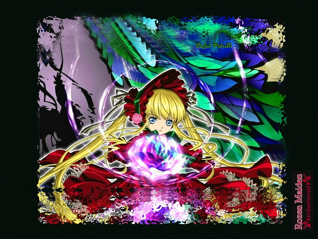 1girl blonde_hair blue_eyes bonnet bow copyright_name dress flower frills image long_hair looking_at_viewer red_dress rose shinku solo twintails very_long_hair