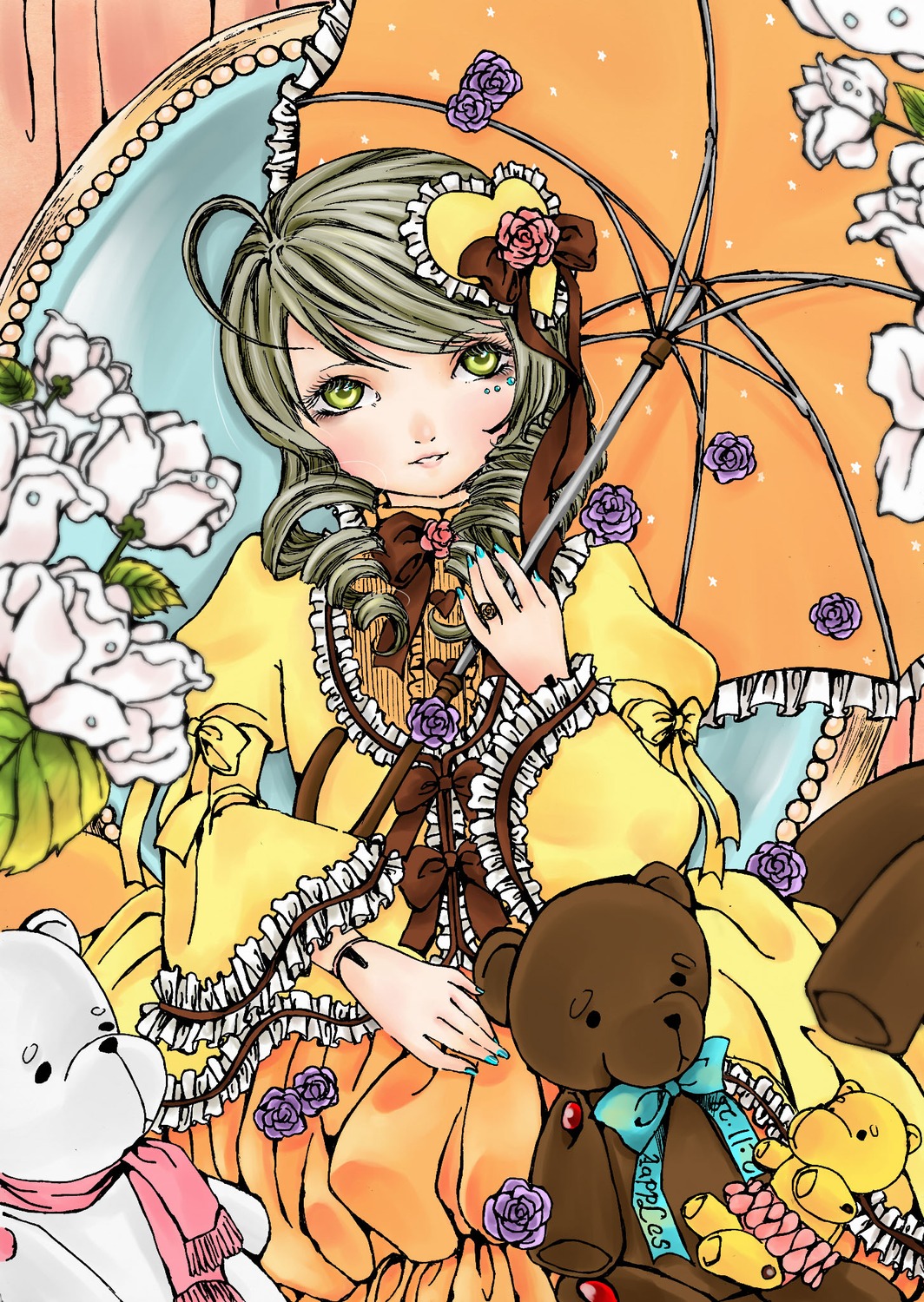 1girl ahoge blue_rose dress flower frills green_eyes hair_ornament image kanaria lolita_fashion nail_polish parasol pink_rose purple_flower purple_rose rose solo stuffed_animal teddy_bear umbrella yellow_rose