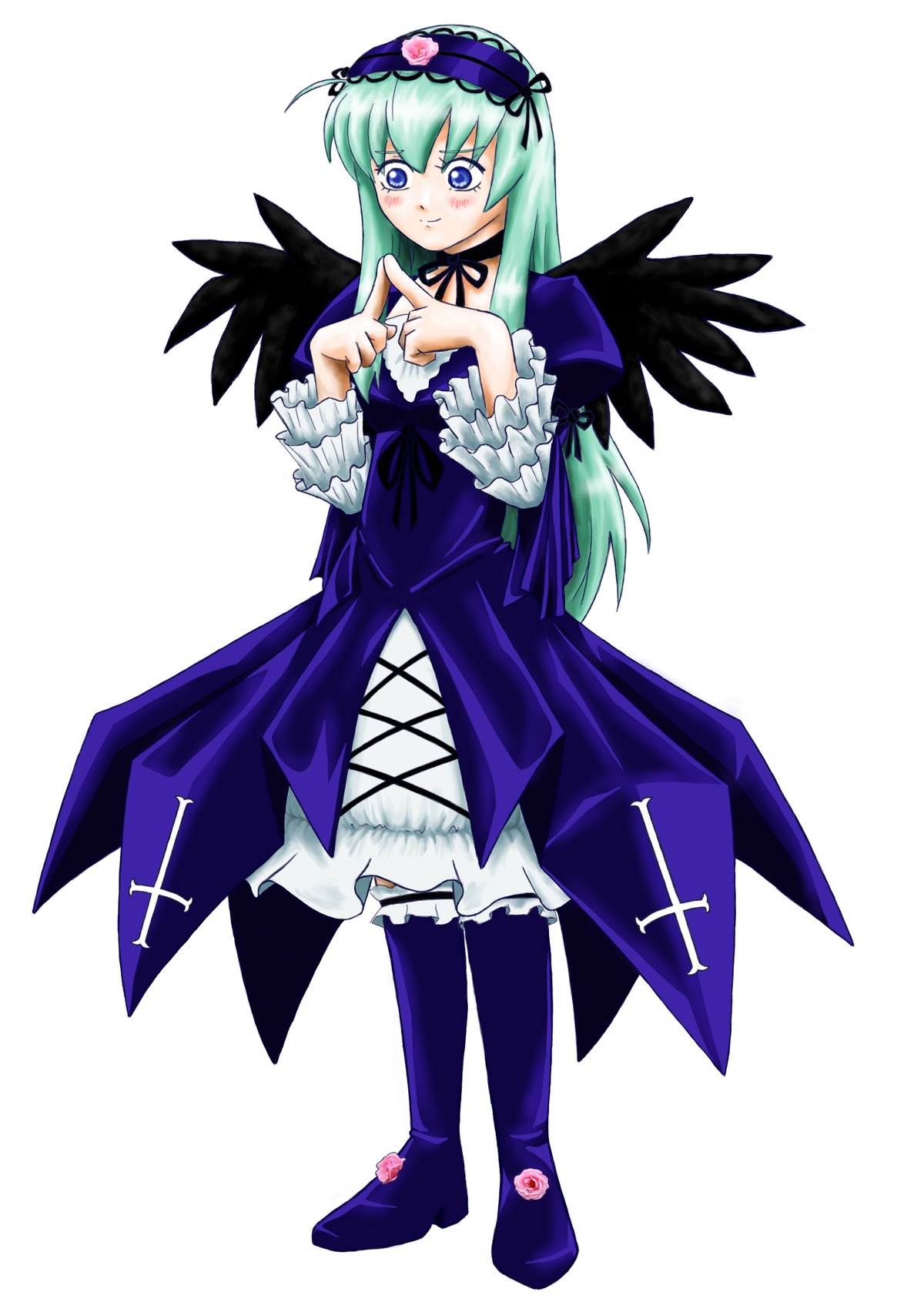 1girl black_wings blue_eyes blush boots dress frills full_body hairband image long_hair long_sleeves looking_at_viewer simple_background solo standing suigintou white_background wings