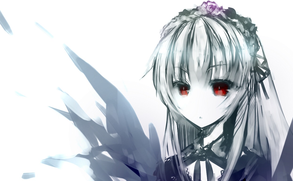 1girl bangs black_ribbon dress eyebrows_visible_through_hair feathered_wings flower hair_between_eyes hairband image long_hair looking_at_viewer parted_lips red_eyes ribbon rose silver_hair simple_background solo suigintou white_background wings