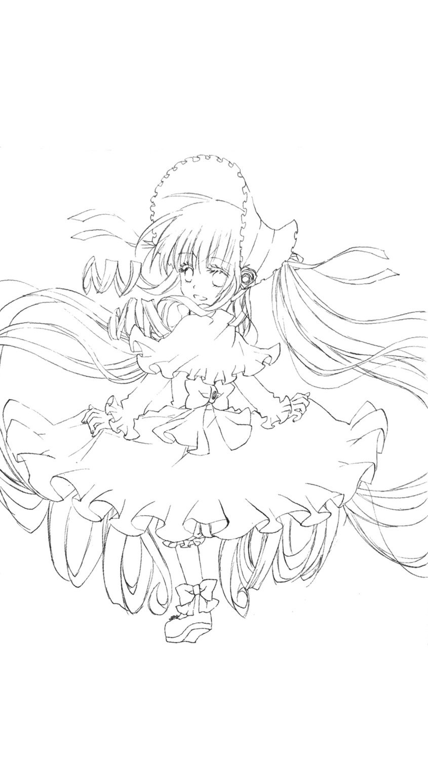 1girl bow dress full_body greyscale hat image lineart long_hair monochrome shinku solo striped twintails very_long_hair