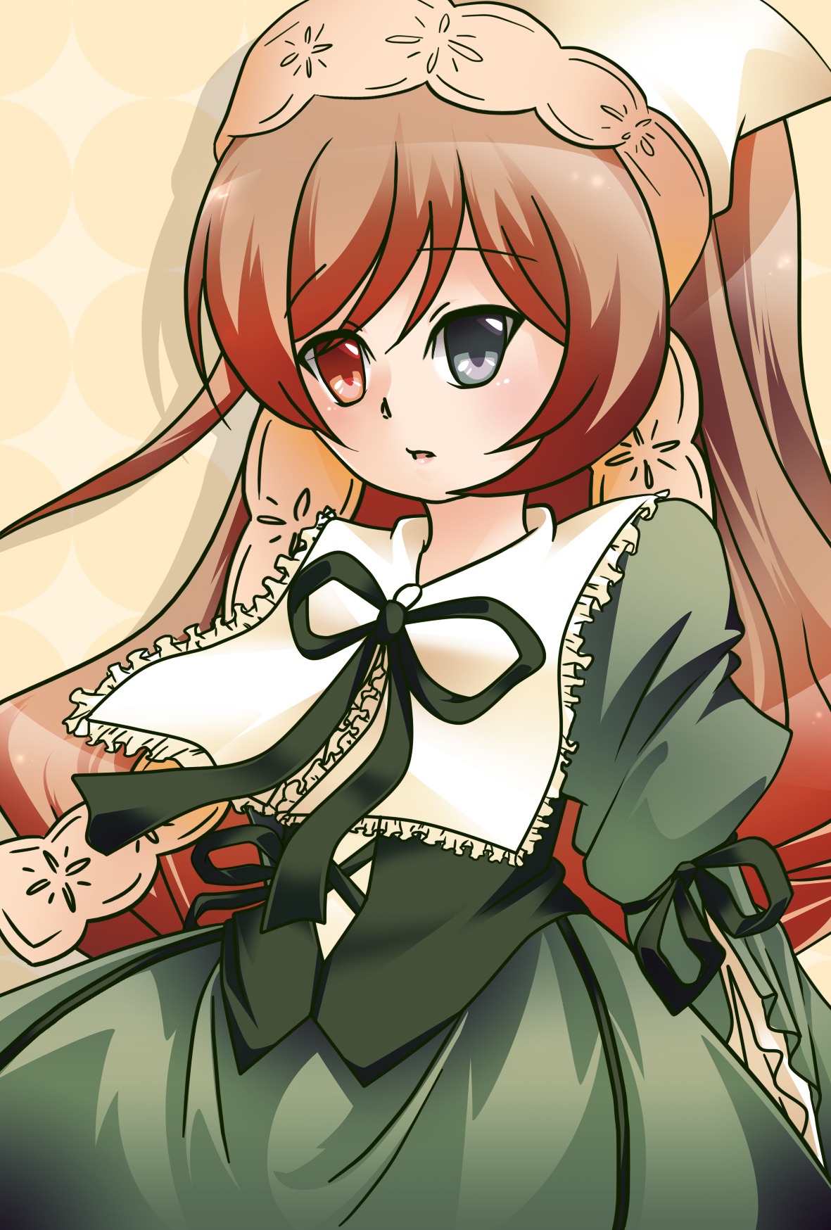 1girl black_ribbon brown_hair dress green_dress green_eyes head_scarf heterochromia image long_hair long_sleeves looking_at_viewer ribbon solo suiseiseki twintails very_long_hair