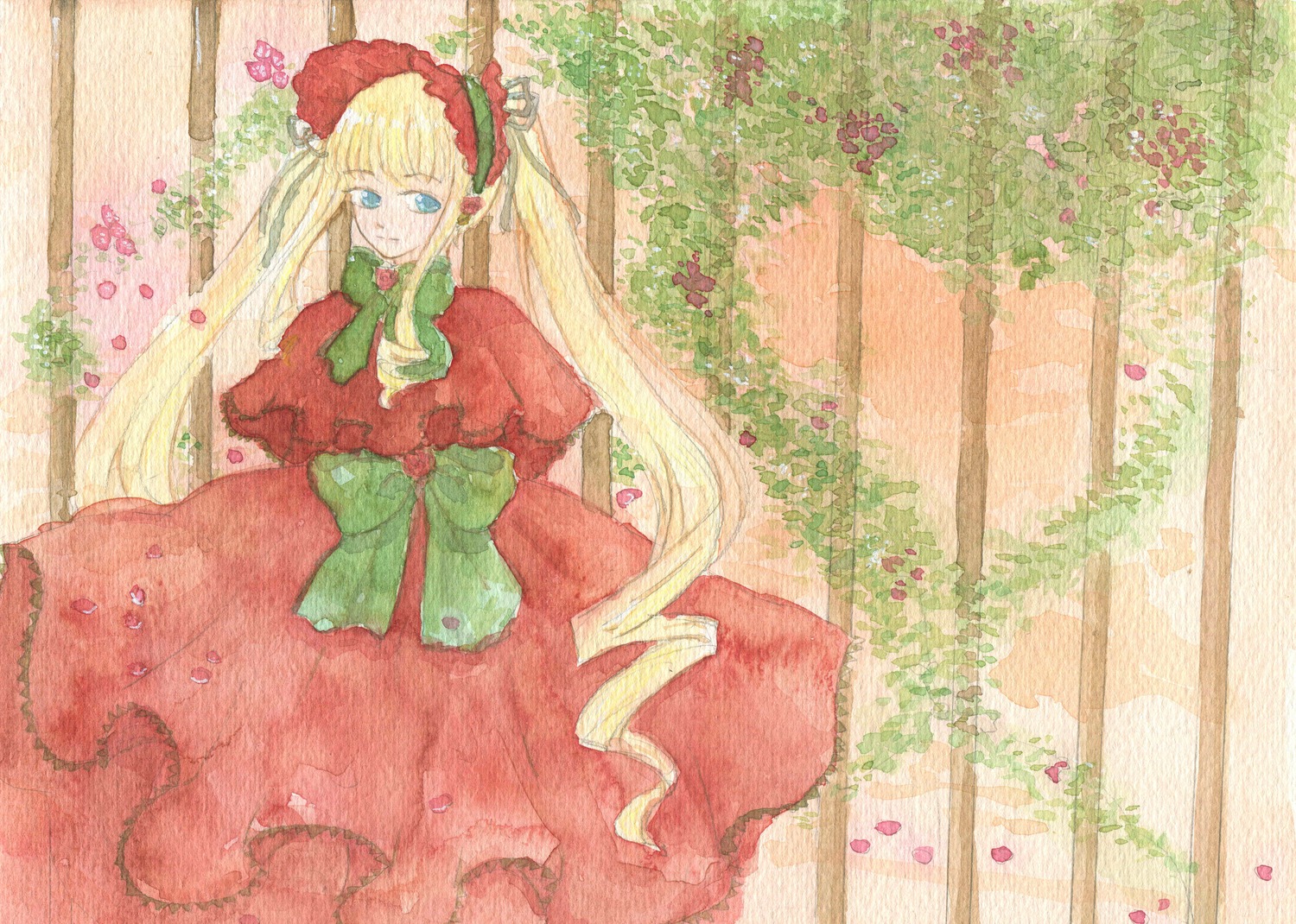 1girl blonde_hair blue_eyes bow dress flower image long_hair long_sleeves shinku solo twintails very_long_hair