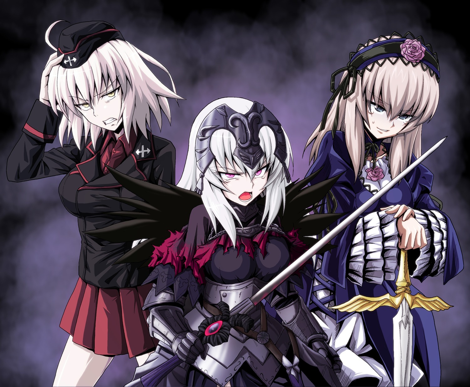 3girls armor armored_dress aura bangs black_dress black_headwear black_jacket black_wings blue_eyes commentary costume_switch cowboy_shot dark_aura dress dress_shirt eyebrows_visible_through_hair fate_(series) flower frown garrison_cap gauntlets girls_und_panzer glaring gothic_lolita grimace hand_on_own_head hat headgear highres holding holding_sword holding_weapon image itsumi_erika jacket jeanne_d'arc_(alter)_(fate) jeanne_d'arc_(fate) jeanne_d'arc_(fate/apocrypha) kamishima_kanon kuromorimine_military_uniform lolita_fashion long_hair long_sleeves looking_at_viewer military military_hat military_uniform miniskirt multiple_girls open_mouth photoshop_(medium) pleated_skirt purple_dress purple_eyes red_shirt red_skirt rose rozen_maiden shirt silver_hair skirt smirk solo standing suigintou sword tearing_up uniform weapon wings yellow_eyes