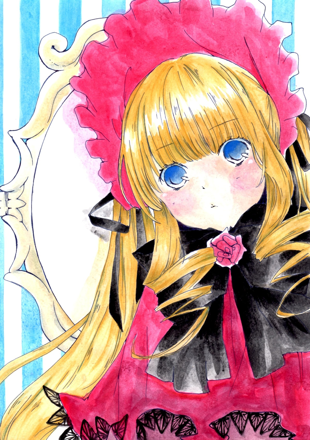 1girl :< bangs blonde_hair blue_eyes blush bonnet bow bowtie dress drill_hair flower image long_hair long_sleeves looking_at_viewer marker_(medium) pink_bow pink_flower pink_rose rose shinku signature solo striped_background traditional_media twin_drills upper_body