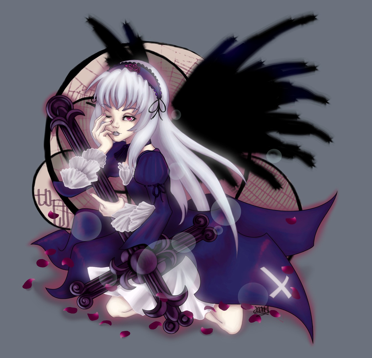 1girl auto_tagged black_wings dress feathers flower frilled_sleeves frills hairband image long_hair long_sleeves petals pink_eyes rose rose_petals silver_hair simple_background solo suigintou wings