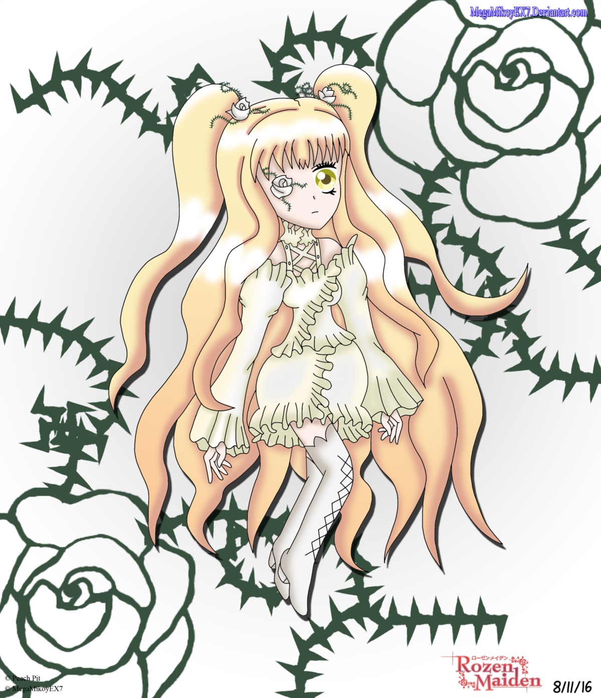 1girl blonde_hair boots choker dress flower image kirakishou long_hair rose skirt solo thigh_boots thighhighs thorns vines white_flower white_footwear white_rose yellow_eyes zettai_ryouiki