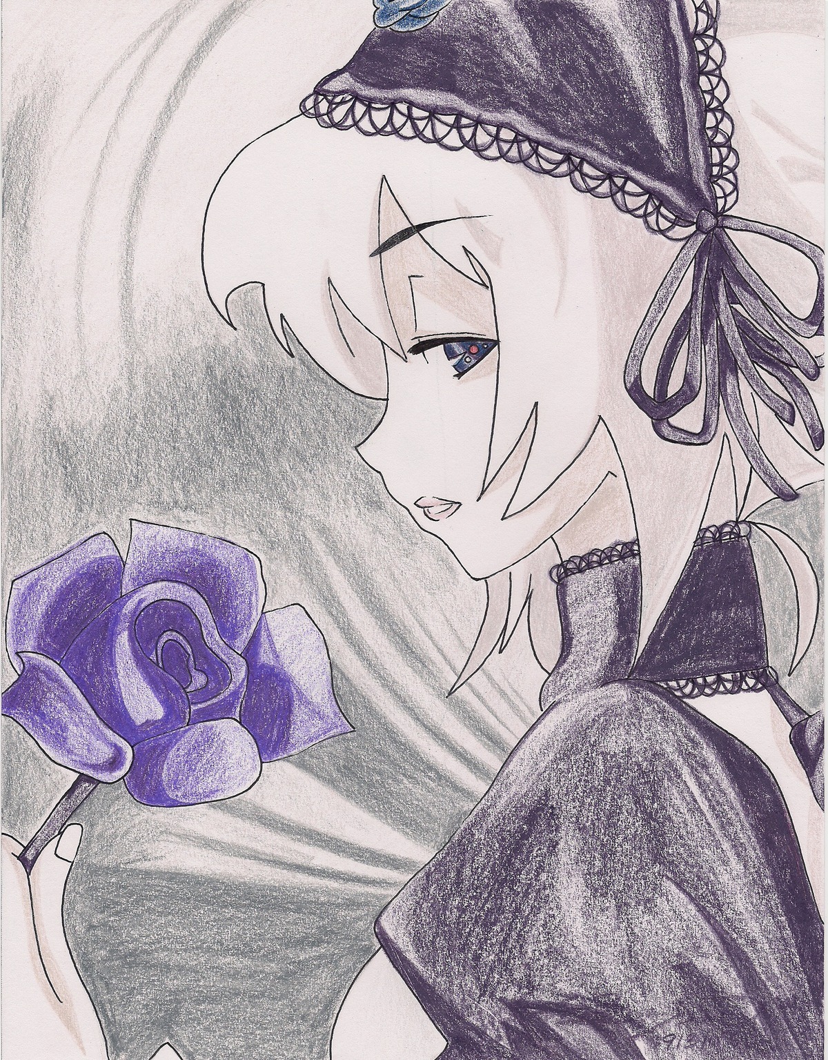 1girl blue_eyes blue_flower choker flower from_side hairband holding_flower image profile purple_flower purple_rose rose smile solo suigintou traditional_media