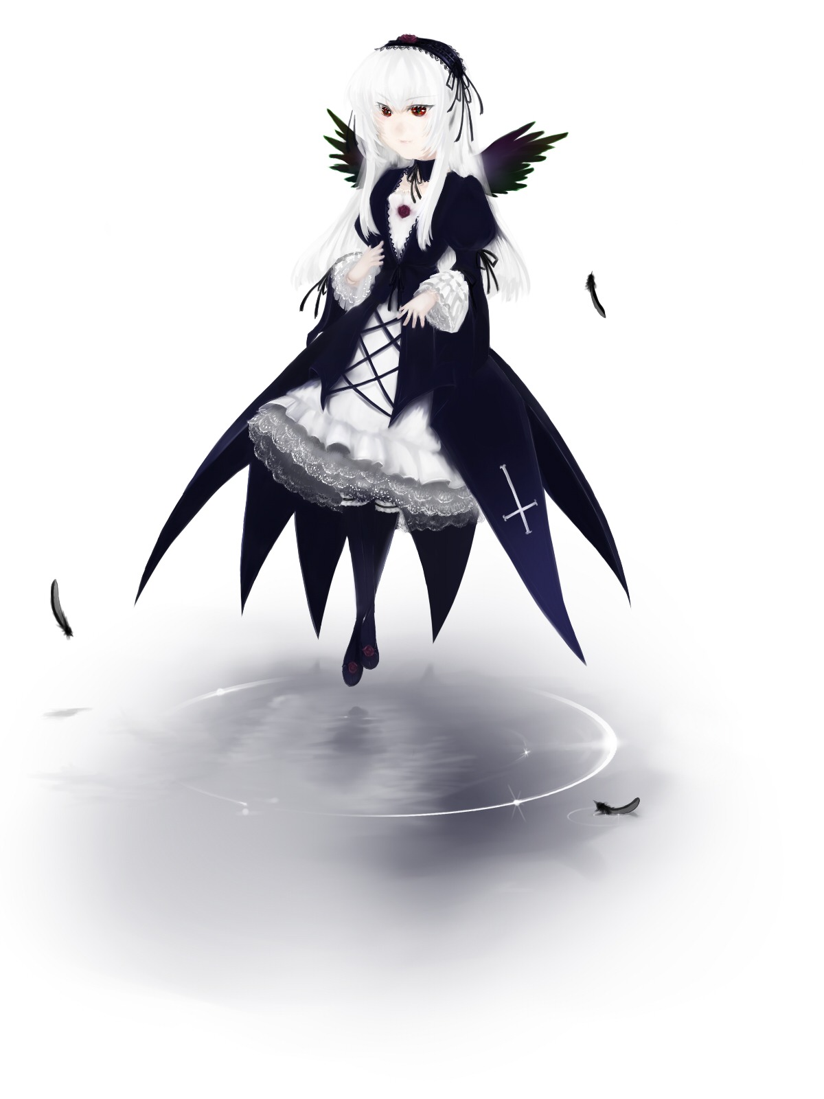 1girl bird black_feathers black_wings dress feathers flower frilled_sleeves frills full_body gothic_lolita hairband image lolita_fashion lolita_hairband long_hair long_sleeves looking_at_viewer red_eyes ribbon rose silver_hair solo standing suigintou wings