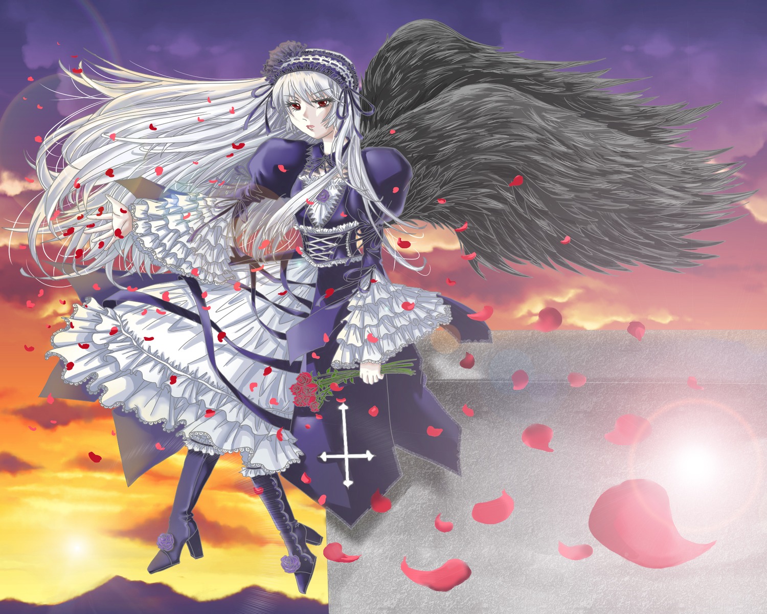 1girl black_wings boots dress flower frills hairband high_heel_boots image long_hair long_sleeves petals red_eyes rose rose_petals silver_hair solo suigintou wings